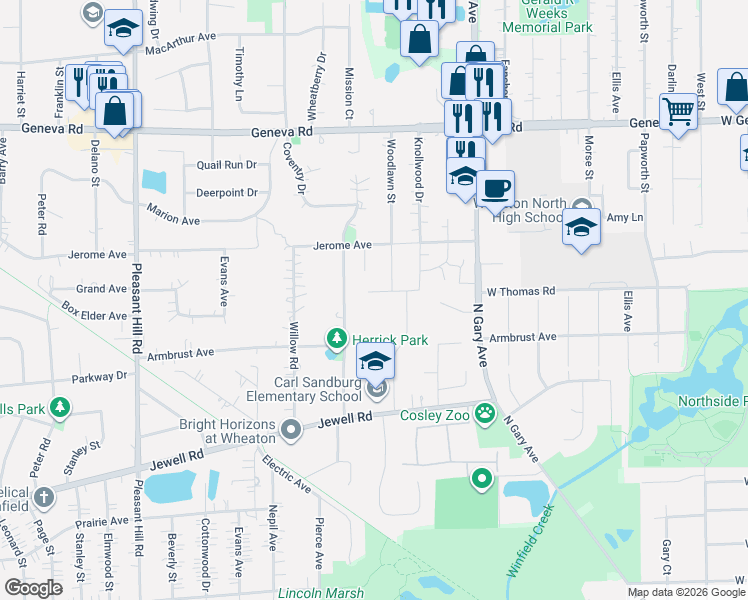 map of restaurants, bars, coffee shops, grocery stores, and more near 543 Herrick Drive in Wheaton