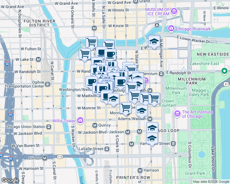 map of restaurants, bars, coffee shops, grocery stores, and more near 20 North Clark Street in Chicago