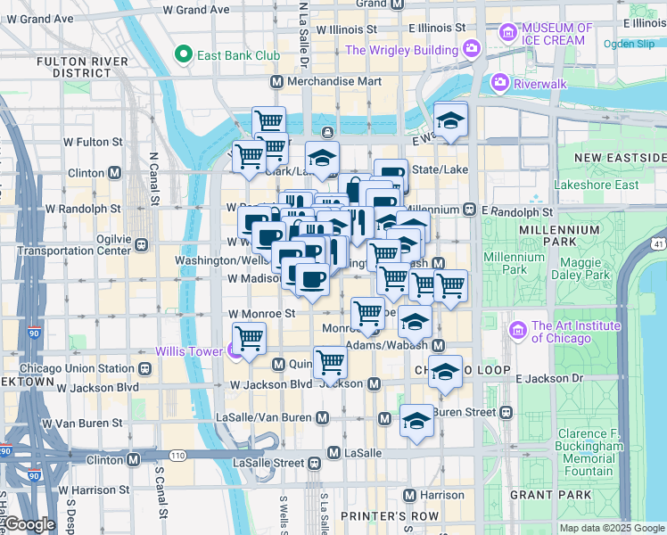 map of restaurants, bars, coffee shops, grocery stores, and more near 20 North Clark Street in Chicago