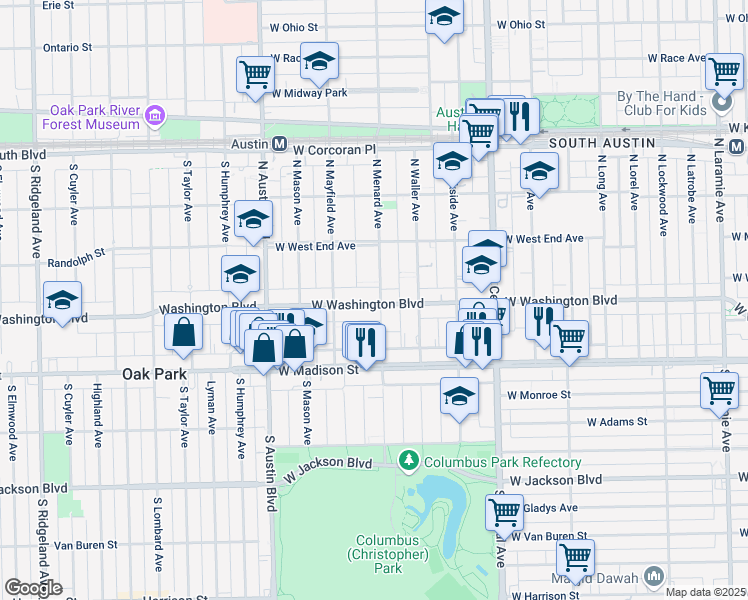 map of restaurants, bars, coffee shops, grocery stores, and more near 129 North Menard Avenue in Chicago