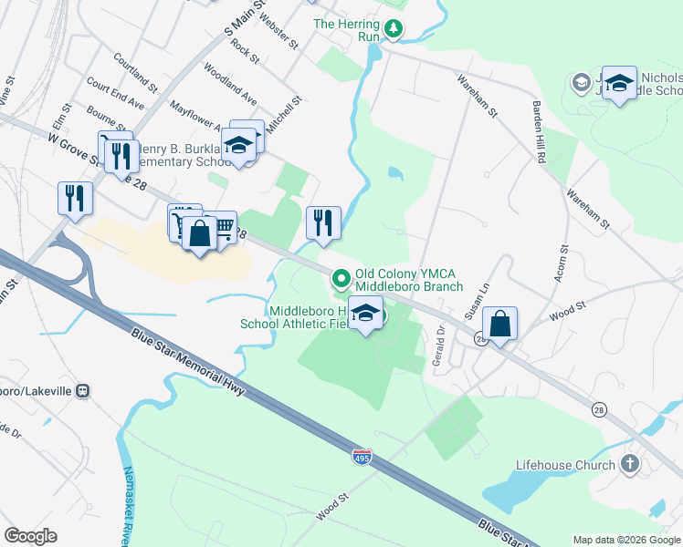 map of restaurants, bars, coffee shops, grocery stores, and more near 58 East Grove Street in Middleborough