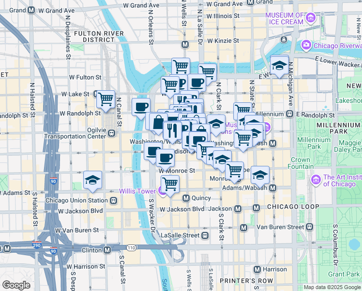 map of restaurants, bars, coffee shops, grocery stores, and more near 200 West Madison Street in Chicago
