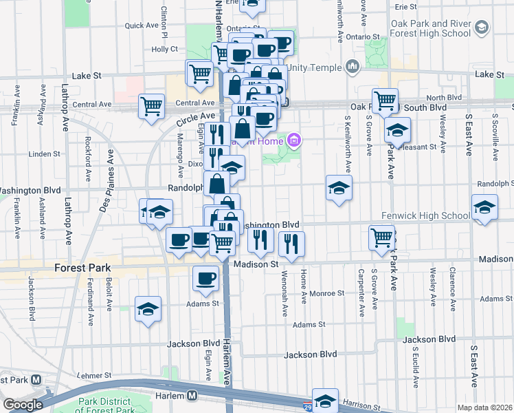 map of restaurants, bars, coffee shops, grocery stores, and more near in Oak Park