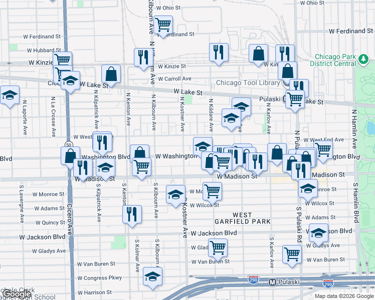 map of restaurants, bars, coffee shops, grocery stores, and more near 4349 West West End Avenue in Chicago