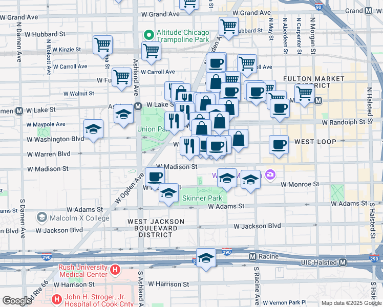 map of restaurants, bars, coffee shops, grocery stores, and more near 1412 West Washington Boulevard in Chicago