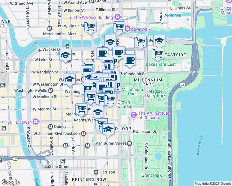 map of restaurants, bars, coffee shops, grocery stores, and more near 6 Michigan Avenue in Chicago