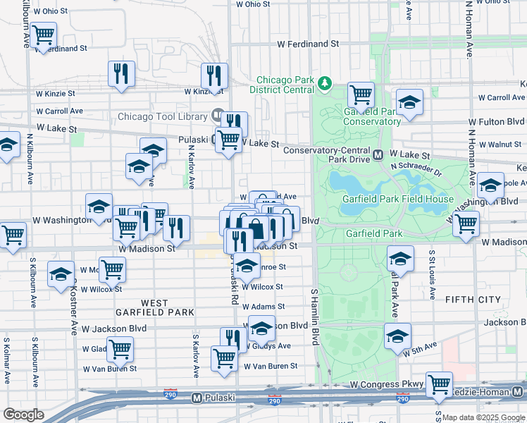 map of restaurants, bars, coffee shops, grocery stores, and more near 3916 West Washington Boulevard in Chicago