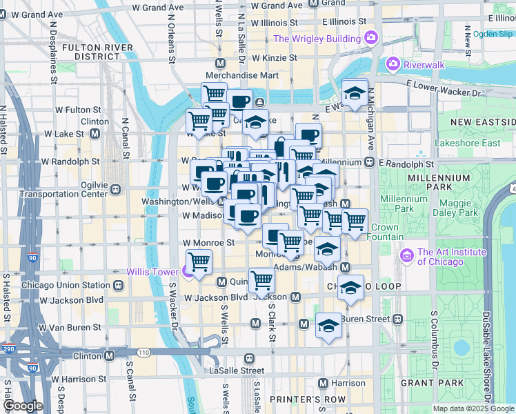 map of restaurants, bars, coffee shops, grocery stores, and more near 111 West Washington Street in Chicago