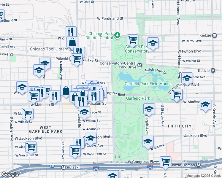 map of restaurants, bars, coffee shops, grocery stores, and more near 3818 West West End Avenue in Chicago