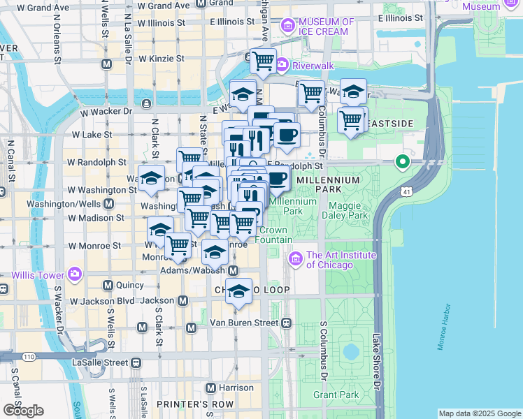map of restaurants, bars, coffee shops, grocery stores, and more near 20 North Michigan Avenue in Chicago