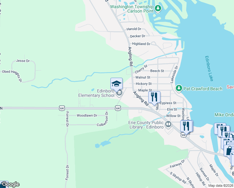map of restaurants, bars, coffee shops, grocery stores, and more near 5390 Route 6N in Edinboro