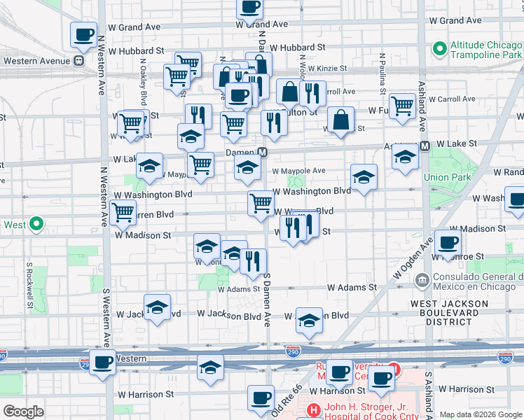 map of restaurants, bars, coffee shops, grocery stores, and more near 2000 West Warren Boulevard in Chicago