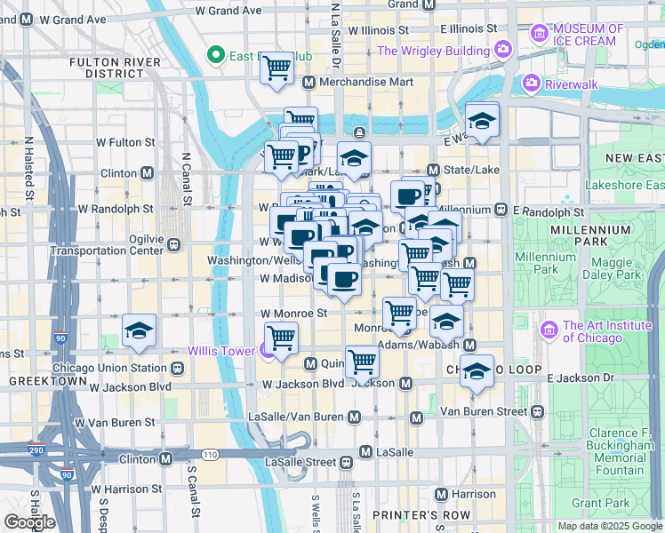 map of restaurants, bars, coffee shops, grocery stores, and more near 2 North LaSalle Street in Chicago