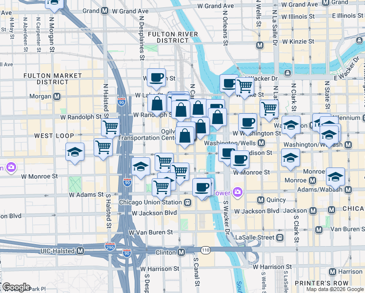 map of restaurants, bars, coffee shops, grocery stores, and more near 500 West Madison Street in Chicago