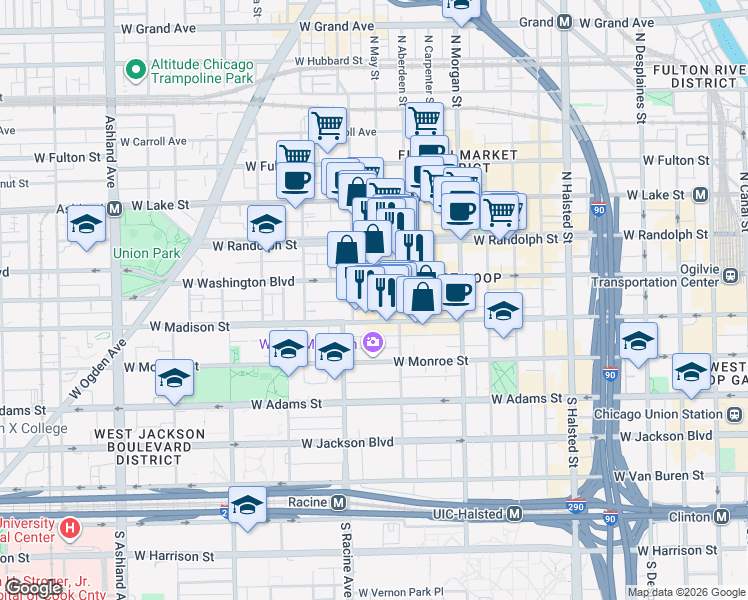 map of restaurants, bars, coffee shops, grocery stores, and more near 23 North Racine Avenue in Chicago