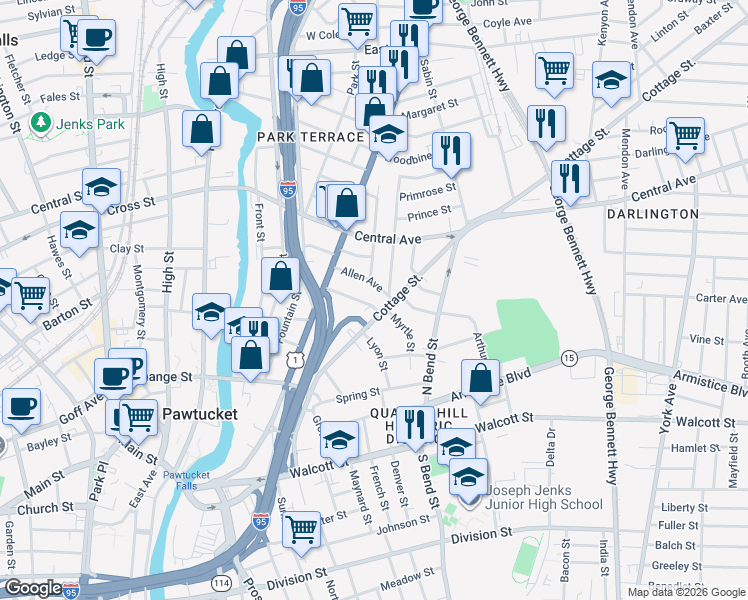 map of restaurants, bars, coffee shops, grocery stores, and more near 10 Greene Street in Pawtucket