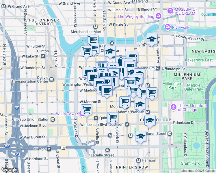 map of restaurants, bars, coffee shops, grocery stores, and more near 111 West Washington Street in Chicago