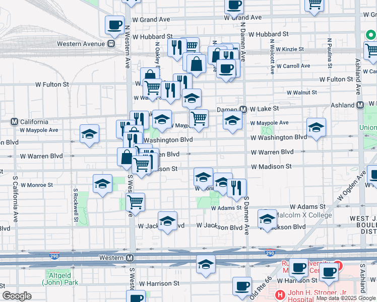 map of restaurants, bars, coffee shops, grocery stores, and more near 45 North Leavitt Street in Chicago