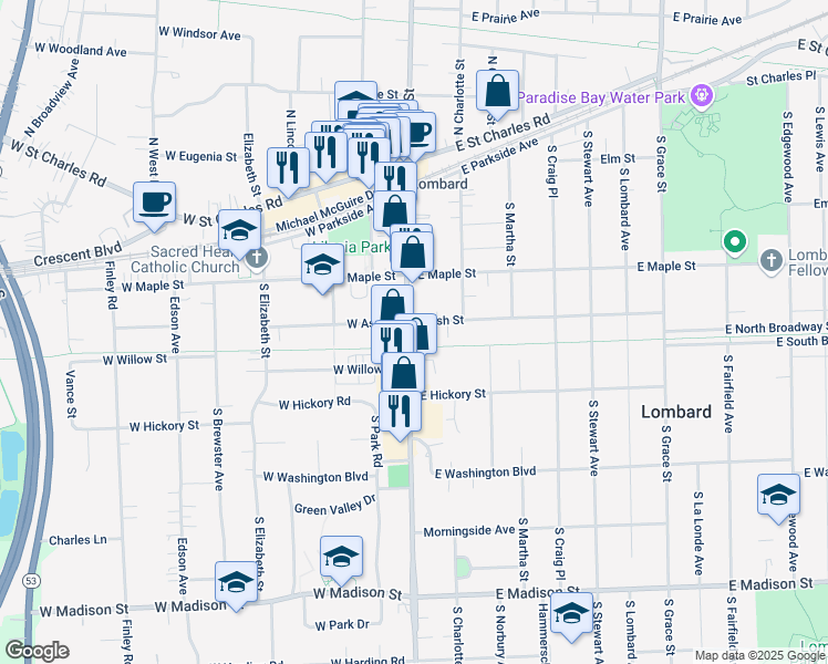map of restaurants, bars, coffee shops, grocery stores, and more near 307 South Main Street in Lombard