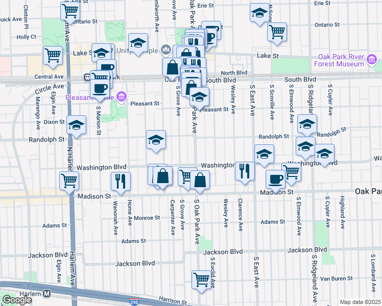 map of restaurants, bars, coffee shops, grocery stores, and more near 307 South Oak Park Avenue in Oak Park