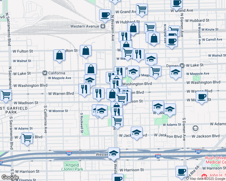 map of restaurants, bars, coffee shops, grocery stores, and more near 50 North Western Avenue in Chicago