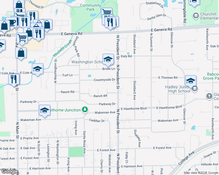 map of restaurants, bars, coffee shops, grocery stores, and more near 826 Countryside Drive in Wheaton