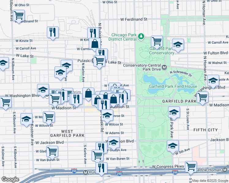 map of restaurants, bars, coffee shops, grocery stores, and more near 3916 West Washington Boulevard in Chicago