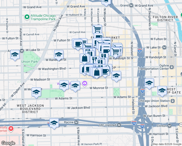 map of restaurants, bars, coffee shops, grocery stores, and more near 20 North Aberdeen Street in Chicago