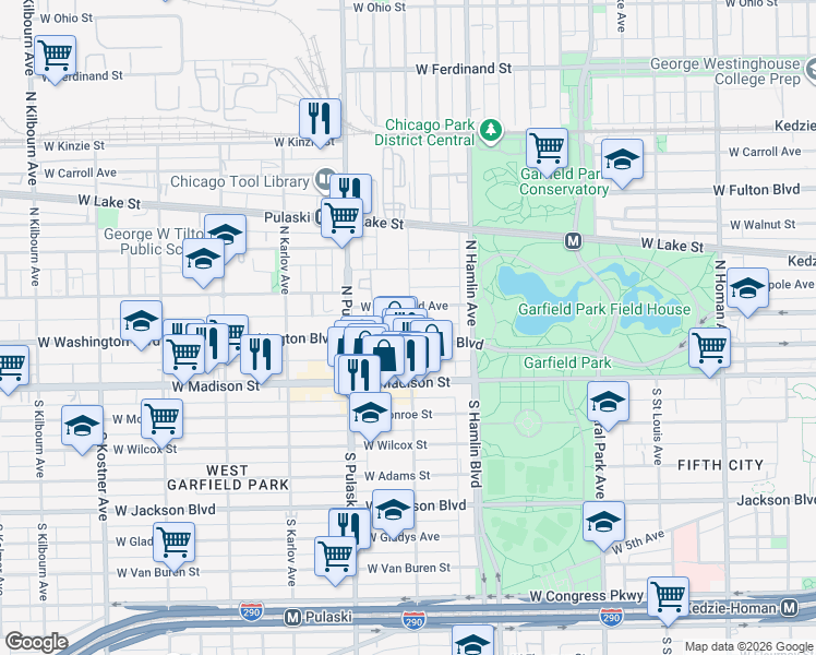 map of restaurants, bars, coffee shops, grocery stores, and more near 3900 West Washington Boulevard in Chicago