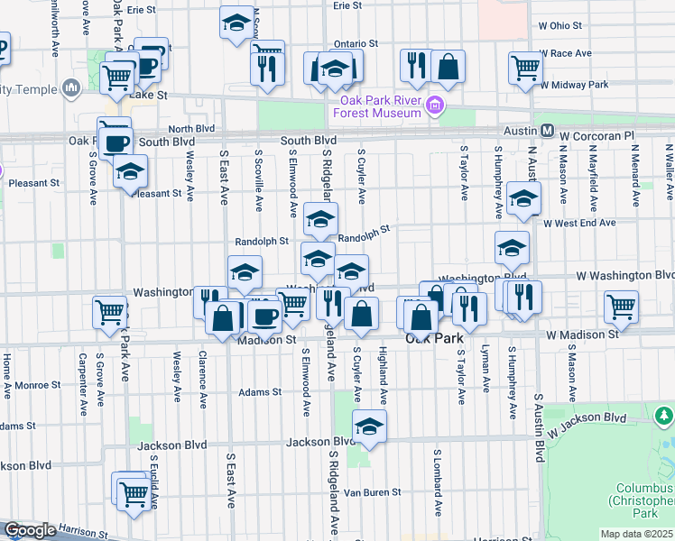 map of restaurants, bars, coffee shops, grocery stores, and more near 328 South Ridgeland Avenue in Oak Park