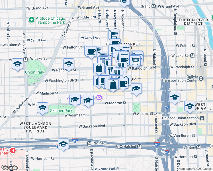 map of restaurants, bars, coffee shops, grocery stores, and more near 20 North Aberdeen Street in Chicago