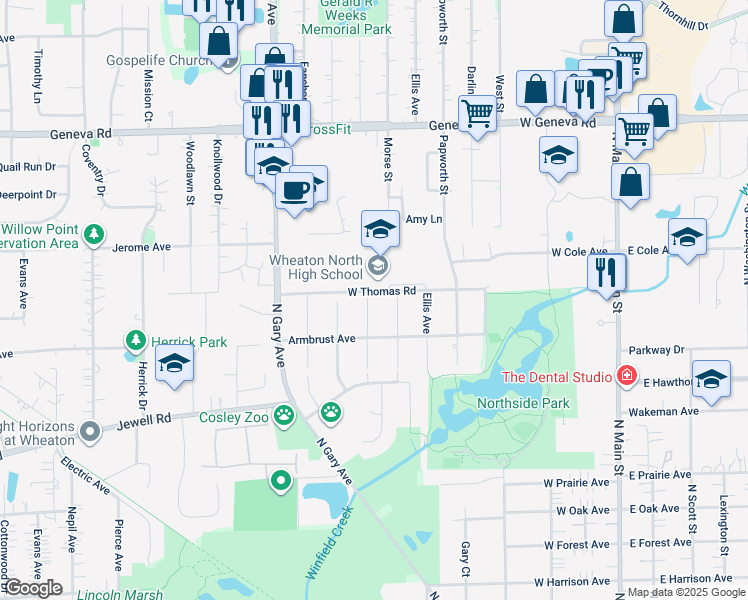 map of restaurants, bars, coffee shops, grocery stores, and more near N509 Farwell Street in Wheaton