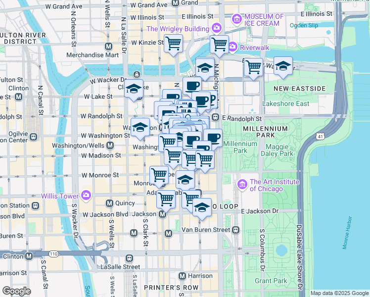 map of restaurants, bars, coffee shops, grocery stores, and more near 111 North State Street in Chicago