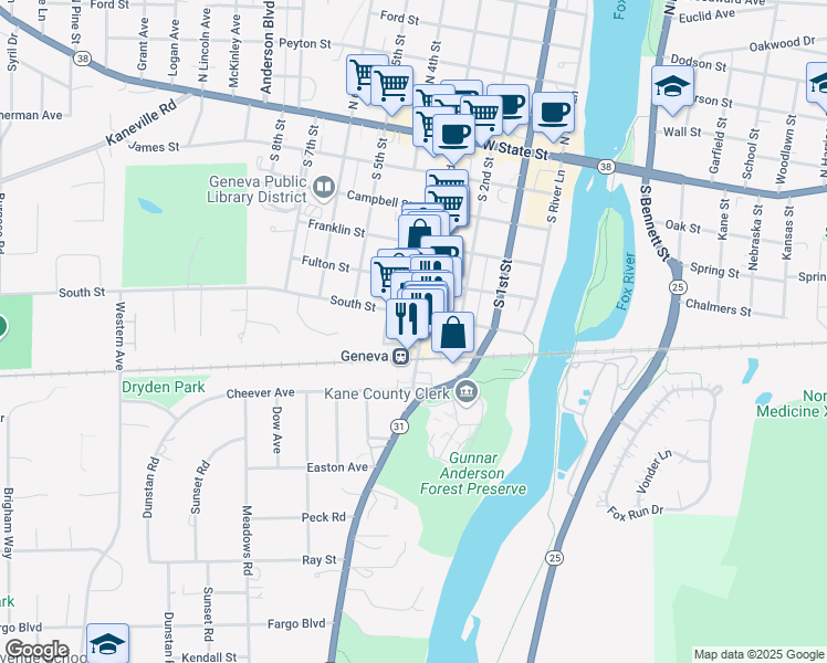 map of restaurants, bars, coffee shops, grocery stores, and more near 426 South 3rd Street in Geneva
