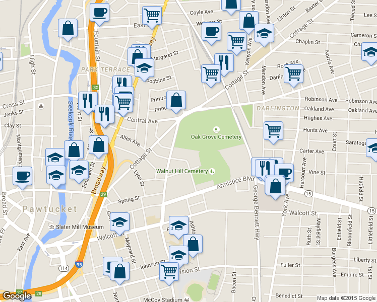 map of restaurants, bars, coffee shops, grocery stores, and more near 87 Arthur St in Pawtucket