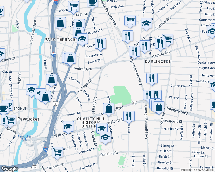 map of restaurants, bars, coffee shops, grocery stores, and more near 87 Arthur St in Pawtucket