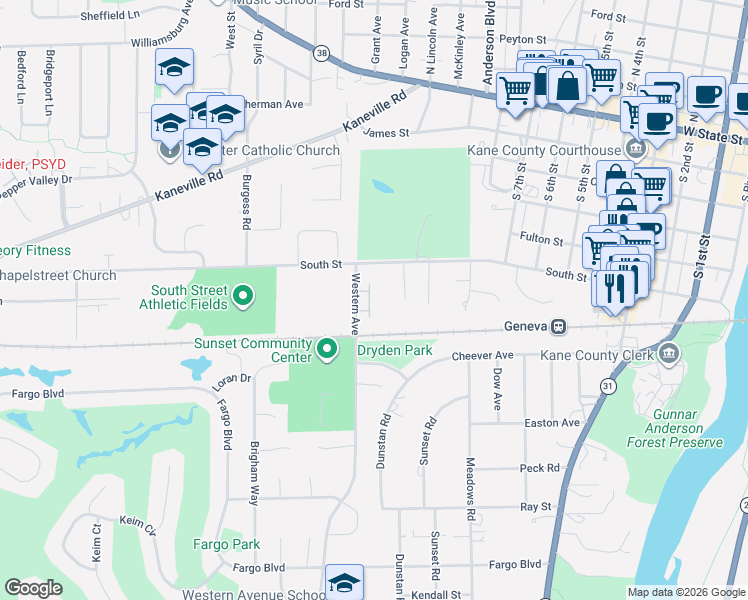 map of restaurants, bars, coffee shops, grocery stores, and more near 1240 South Street in Geneva
