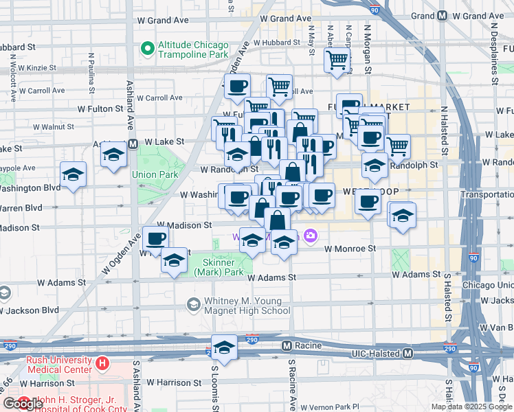 map of restaurants, bars, coffee shops, grocery stores, and more near 1260 West Madison Street in Chicago