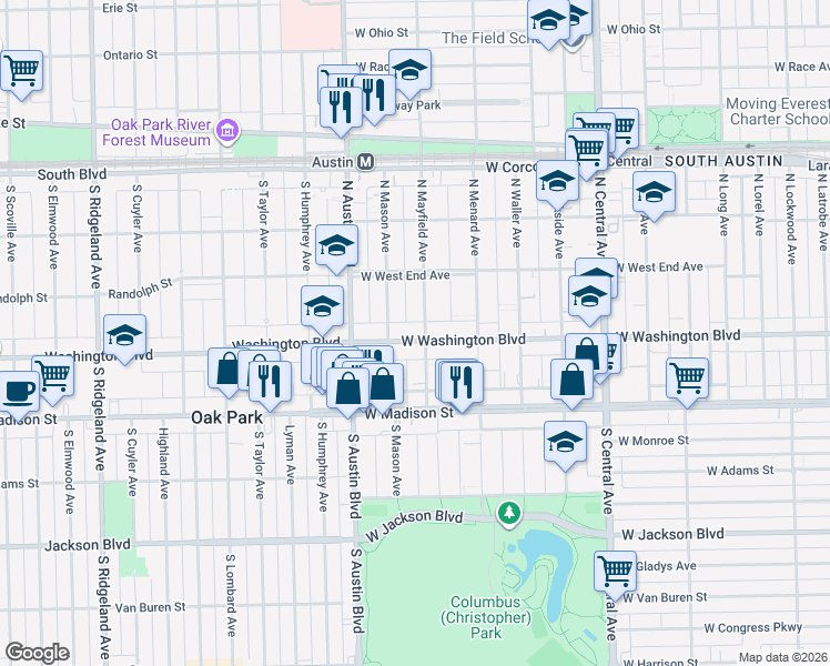 map of restaurants, bars, coffee shops, grocery stores, and more near 128 North Mayfield Avenue in Chicago