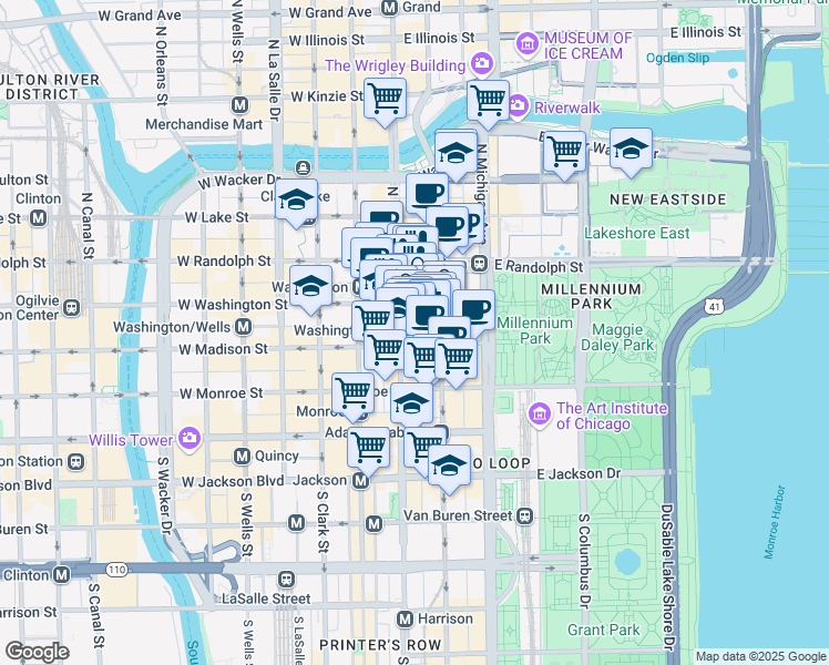 map of restaurants, bars, coffee shops, grocery stores, and more near 111 North State Street in Chicago