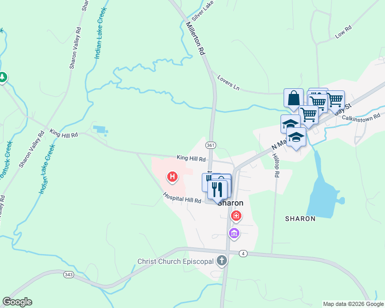 map of restaurants, bars, coffee shops, grocery stores, and more near 30 King Hill Road in Sharon