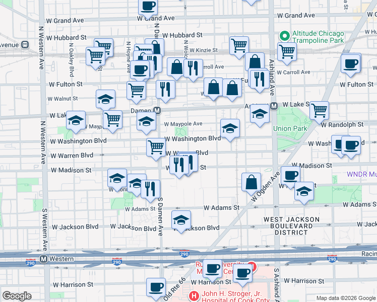 map of restaurants, bars, coffee shops, grocery stores, and more near 56 North Wolcott Avenue in Chicago