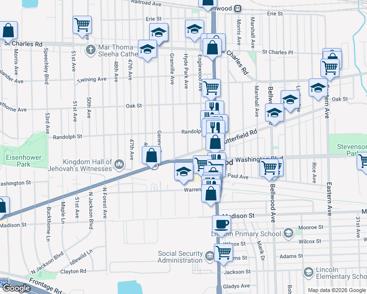 map of restaurants, bars, coffee shops, grocery stores, and more near 507 Granville Avenue in Bellwood
