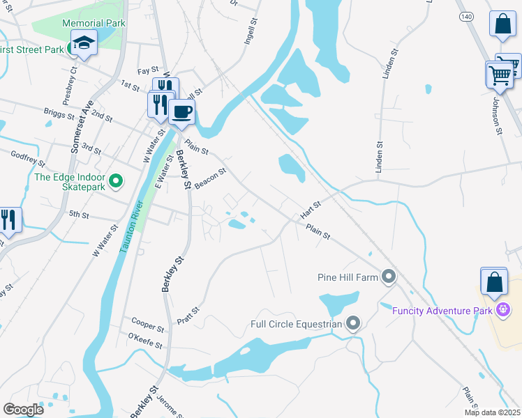map of restaurants, bars, coffee shops, grocery stores, and more near 68 Plain Street in Taunton