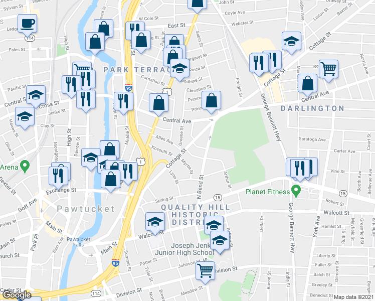 map of restaurants, bars, coffee shops, grocery stores, and more near 10 Greene Street in Pawtucket