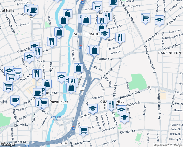 map of restaurants, bars, coffee shops, grocery stores, and more near 340 Broadway in Pawtucket