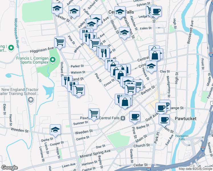 map of restaurants, bars, coffee shops, grocery stores, and more near 203 Cross Street in Central Falls