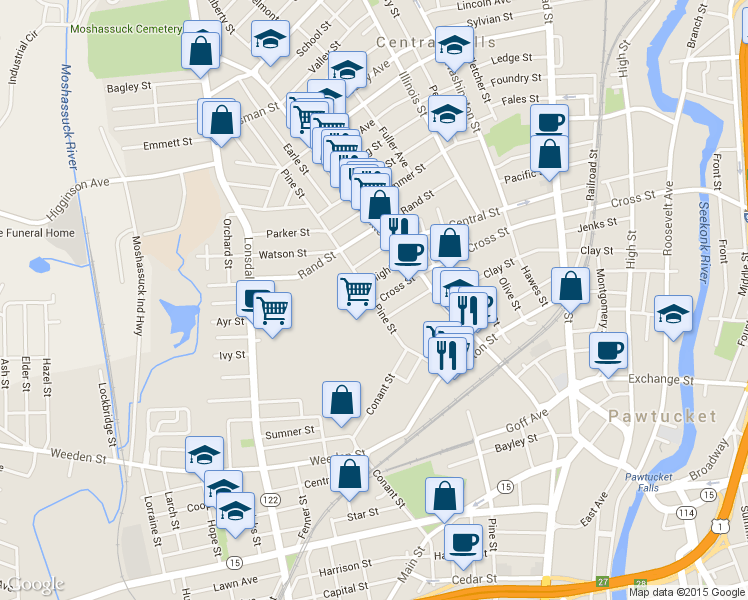 map of restaurants, bars, coffee shops, grocery stores, and more near 61 Knight Street in Central Falls