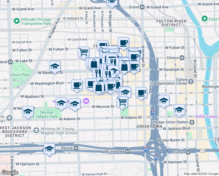map of restaurants, bars, coffee shops, grocery stores, and more near in Chicago