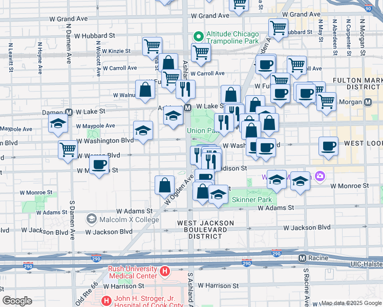 map of restaurants, bars, coffee shops, grocery stores, and more near 39 North Ashland Boulevard in Chicago